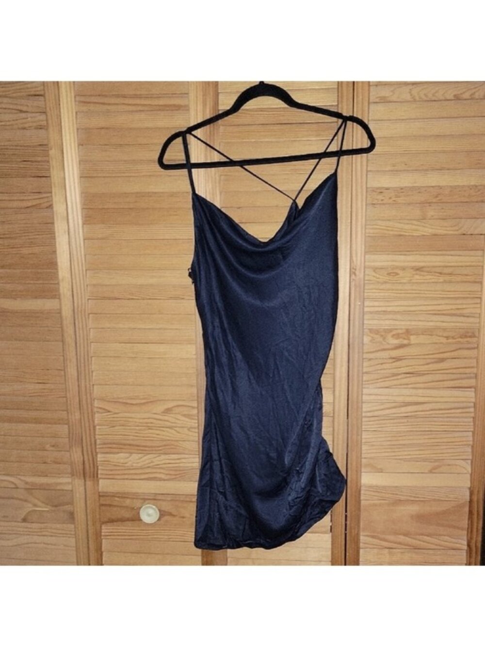 ZARA The Mila Dress NWT Navy Blue Satin Cowl Neck Strappy Back Slip Dress Size L